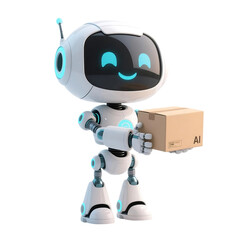 3D cute AI robot holding shopping and discount elements, representing online shopping, sales, and promotion concepts, isolated on png file.