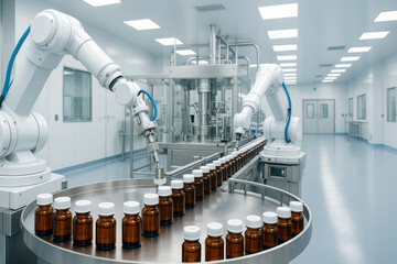 Futuristic pharmaceutical production line featuring robotic arm and advanced automation. This sterile factory environment shows order, cleanliness, and GMP compliance concept