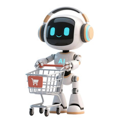 3D cute AI robot holding shopping and discount elements, representing online shopping, sales, and promotion concepts, isolated on png file.