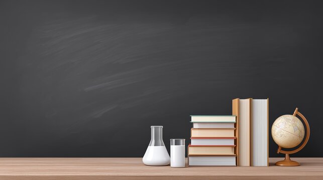 Laboratory setup featuring a glass flask, a transparent cup, stacked books, and a globe on a wooden table against a chalkboard background with ample copy space for educational content