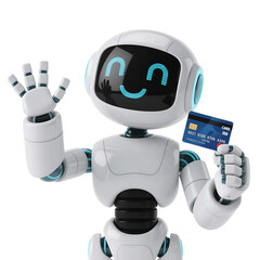 3D cute AI robot holding shopping and discount elements, representing online shopping, sales, and promotion concepts, isolated on png file.