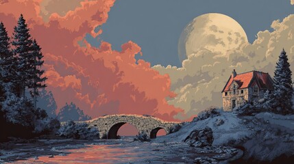 Enchanting stone bridge arches over tranquil river beneath dramatic sunset clouds and a vast full moon