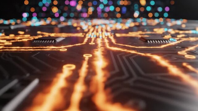 Glowing circuits and bokeh lights illuminate a blurred, futuristic technological landscape