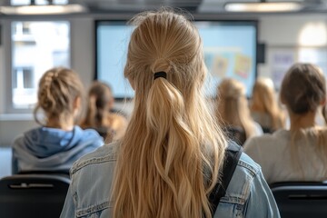Female teacher instructs a group of students in a modern classroom setting while students engage with the digital display during a learning session