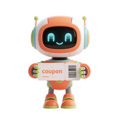 3D cute AI robot holding shopping and discount elements, representing online shopping, sales, and promotion concepts, isolated on png file.