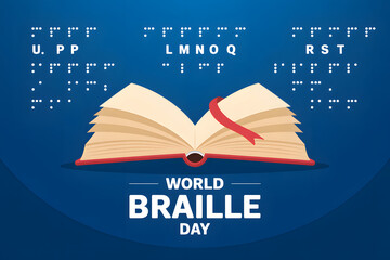 minimalist design for accessibility celebration with book and braille script promoting literacy and inclusion