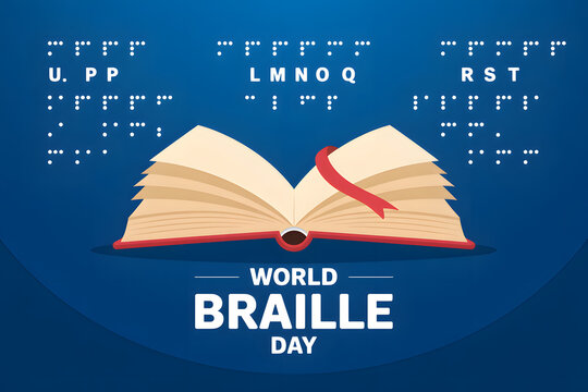 minimalist design for accessibility celebration with book and braille script promoting literacy and inclusion