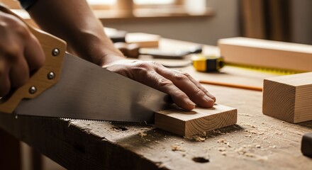 Man Cutting Wooden Block in Workshop with Hand Saw and Carpentry Tools
