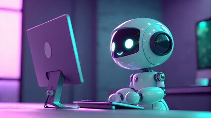 Friendly AI bot working at computer