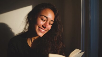 Sunlit joy on a young woman's face as she reads, capturing World Book Day's tranquil essence and Juneteenth's introspection