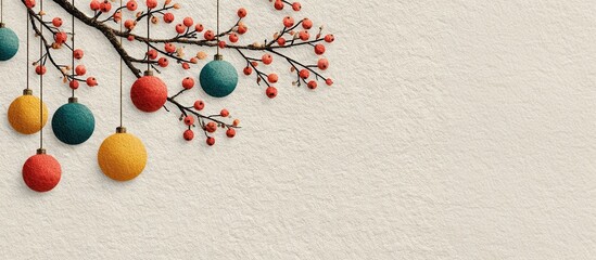 Fototapeta premium Festive Branch with Colorful Ornaments and Red Berries on Textured Background for Holiday Decor and Seasonal Celebrations