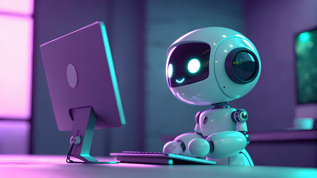 Friendly AI bot working at computer - Powered by Adobe