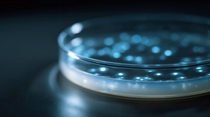 A luminescent Petri dish dances under the microscope's gaze, echoing bioluminescent discoveries and World Science Day wonders