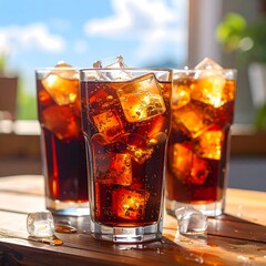 Three tall glasses of dark, bubbly beverage, filled with ice cubes