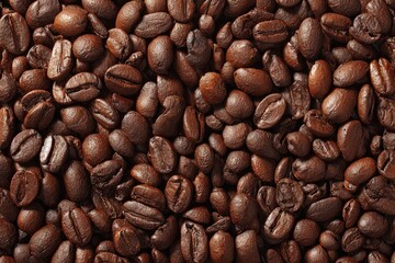 Close Up View of Roasted Coffee Beans in Brown Tones Texture with Detailed Highlights and Shadow