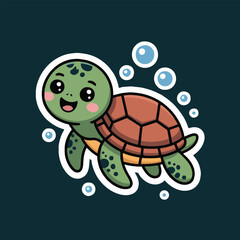 Illustration of a cartoon turtle with a brown shell swimming among bubbles on a dark background