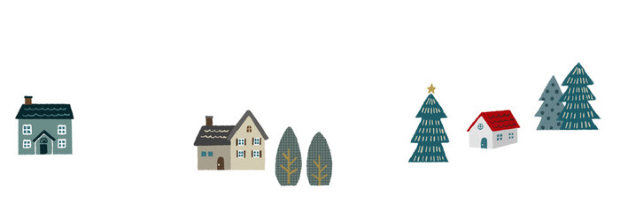 北欧風の家と木が並ぶ冬の風景イラストの素材セット