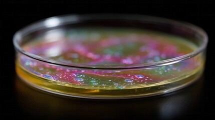 Fluorescent cosmic bacterial dance in a petri dish, vibrant hues evoke Biotech Day and World Science Fiction Celebration