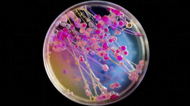Chromatic microbial bloom in Petri dish, celebrating National Petri Dish Day, exuberant cellular dance, microcosmic art exploration, bio-luminescent tapestry