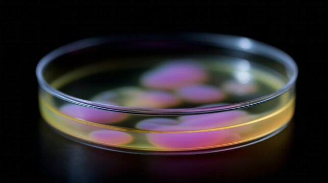 Translucent pink petri dish colonies, microscopic marvels of bioartistry, evoking Scientific Curiosity Day and surreal microbial landscapes