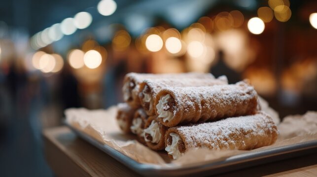 Crunchy cannoli bask in powdered sugar glow, Italian street festival delight, evoking sweet nostalgia and intimate gatherings