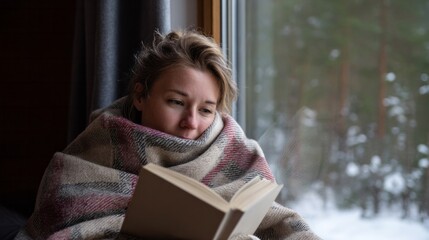 Cozy Nordic retreat, thoughtful Caucasian woman reading by snow-laden window, Hygge lifestyle, World Book Day reverie