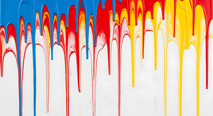 Vibrant streams of primary colors, red, blue, and yellow, beautifully dripping down a clean white surface, showcasing a dynamic and artistic flow of paint