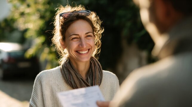 A joyful Caucasian woman beams sunlight, enveloped in autumn's whisper, evocative of World Smile Day and serendipitous encounters