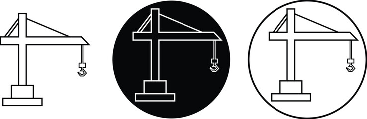 Crane icons set in line design. Construction equipment silhouette, heavy lifting industrial machinery symbol and building site engineering tool vectors illustration isolated on transparent background.
