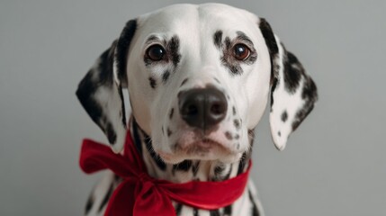Dapper Dalmatian adorned with crimson bow embodies canine elegance, reminiscent of May Day festivities and whimsical companionship reveries