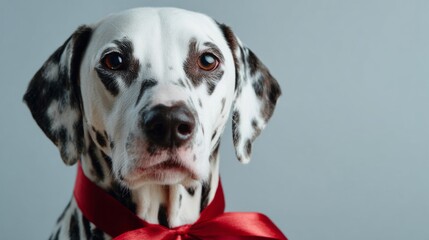 Dapper Dalmatian draped in crimson bow, embodying Woofstock elegance, canine Valentine's muse, dots of love and whimsy