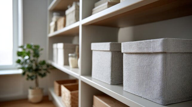 Modern minimalist shelves adorned with textured storage boxes, echoing Feng Shui harmony and KonMari organization during Imbolc reflection