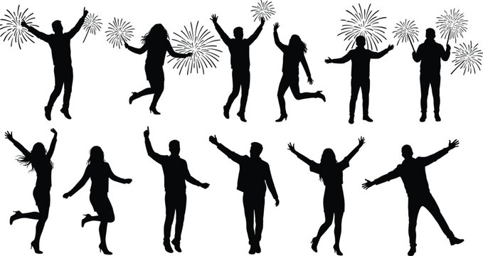 Celebration silhouettes, people dancing, festive poses, fireworks illustration, joyful movement, party artwork, happiness theme, dynamic figures, festival lifestyle design