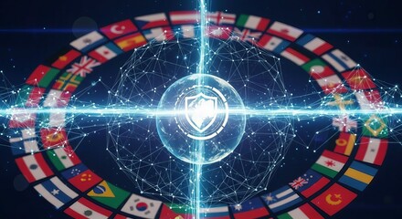 Global network security shield protected by international flags