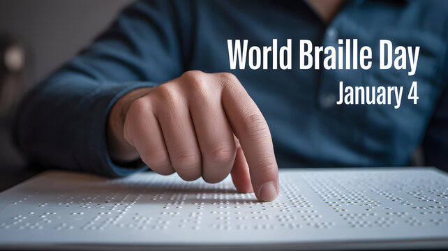 international braille awareness graphic featuring "world braille day january 4" text over close-up of finger