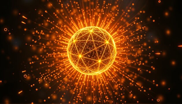 Abstract 3d visualization of a glowing orange sphere with a connected mesh network, surrounded by particle explosions representing global data exchange and high-speed energy transfer