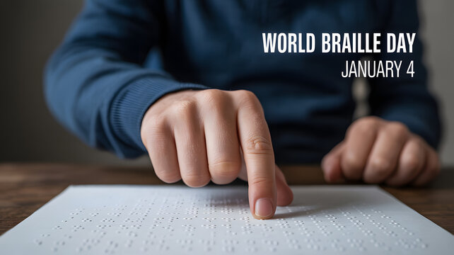world braille day concept with hand reading tactile text on paper promoting accessibility and inclusion