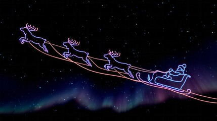 Futuristic neon sleigh races across cosmic skies, evoking Nordic Yule and whimsical sci-fi Christmas tale, shimmering with wonder
