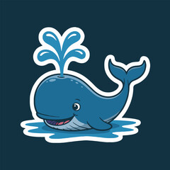 A cartoon whale with a cheerful expression spouting water on a dark blue background illustration