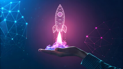 Hand cupping hologram rocket liftoff