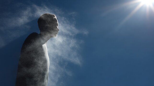A surreal silhouette of mist-enveloped figure basking in sunlight evokes Zen meditation and World Breathing Day tranquility