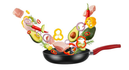 Chicken avocado bell peppers chili peppers onion rings and rosemary tumbling into a black frying pan with a red handle transparent background isolate ingredients transparent background