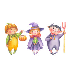 Children in Halloween costumes. Watercolor illustration of a little witch, devil, and pumpkin. Hand-drawn illustration for holiday and carnival card design.