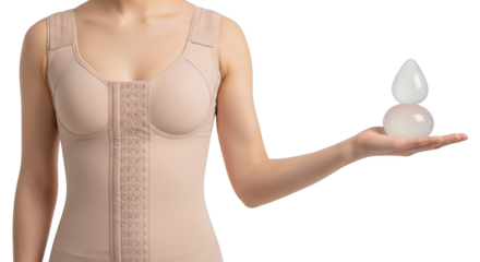 A person holds two white medical implants one teardrop shaped and one spherical while wearing a beige medical compression garment isolate surgery breast