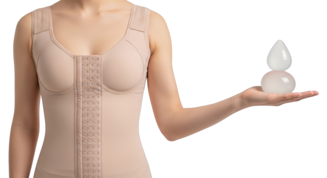 A person holds two white medical implants one teardrop shaped and one spherical while wearing a beige medical compression garment isolate surgery breast