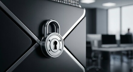 Padlock securing a server rack in a modern office data center