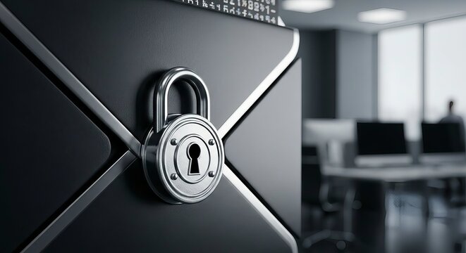 Padlock securing a server rack in a modern office data center