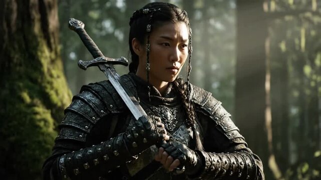 East Asian warrior woman in dark armor holds a sword in a mystical forest