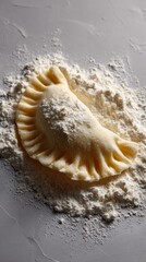 Handmade pierogi poised on floury stage, evoking comforting winter solstice nostalgia, Slavic culinary art, and family togetherness