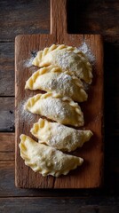 Four hand-crafted pierogi nestled in floury embrace, invoking Slavic culinary traditions and cozy Dumpling Day celebrations